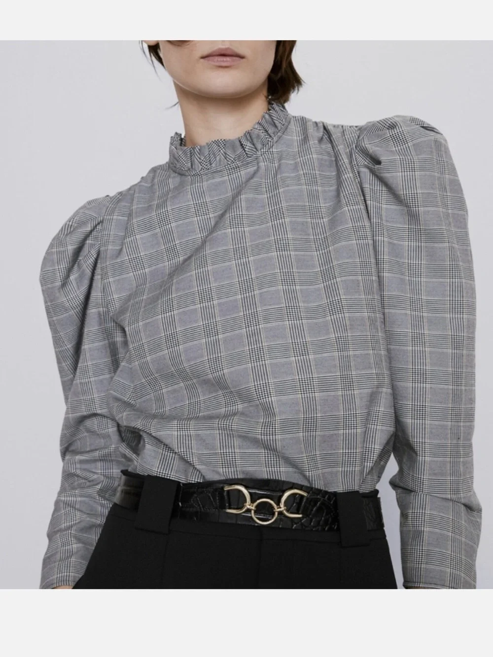 Zara Glen Plaid Ruffle Neck Blouse Size XS Puff Sleeve Cottagecore Black White